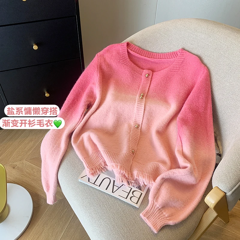 

French gradient knitted cardigan for women's autumn and winter high-end short soft and sticky sweater jacket