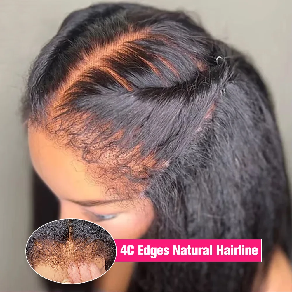 

4C Edges Curly Baby Hair Lace Wigs Kinky Straight 13x6 HD Lace Frontal Wig Human Hair Yaki Прямые парики из натуральных волос на кружеве