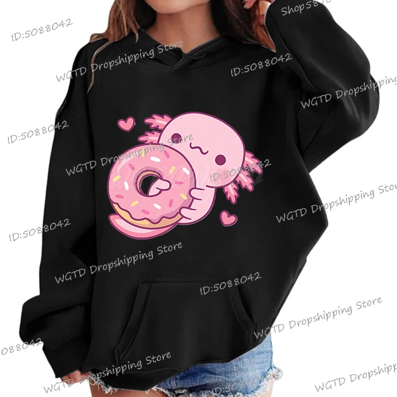 Cute Axolotl Hugging Donut Hoodie Kids Cartoon Axolotl Boys Girls Pullover Long Sleeve Hoody Funny Axolotl Children's Clothing