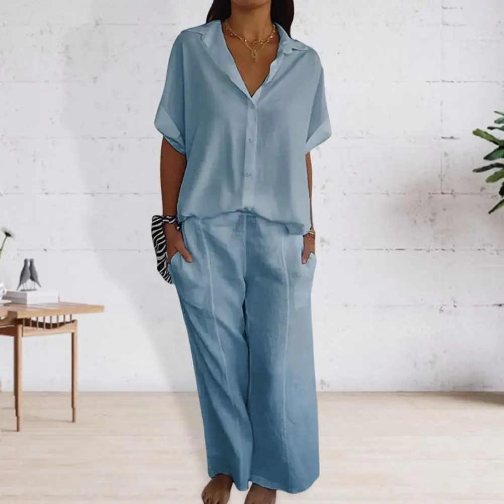 Casual Two-piece Set Women's Solid Color Shirt Pants Set with Turn-down Collar Short Sleeve Top Wide Leg Elastic for Commute