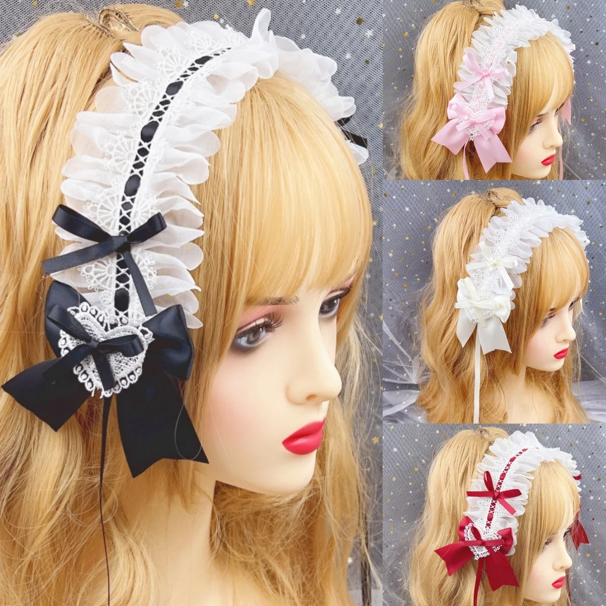 Japanese Girl Maid Cosplay Lolita Wide Lace Headband Bow Ruffles Hair Band Cross Headdress