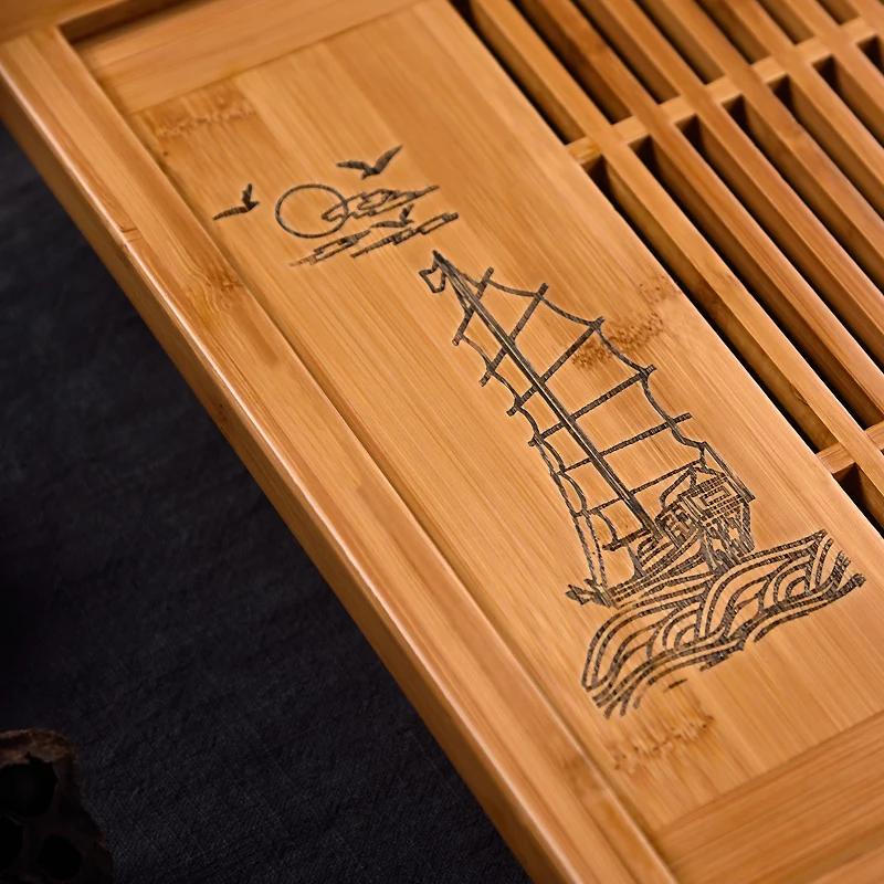 50x29x7cm Bamboo Tea Tray with Dual Function Storage and Drainage Water Drawer-style Kungfu Tea Set Household Tray Home Gift