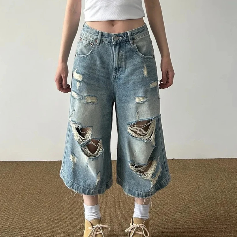 Women Denim Pant Jeans Vintage Wide Leg Long Pants Hole High Waist Straight Trousers Y2k Streetwear Elegant Work Casual Loose