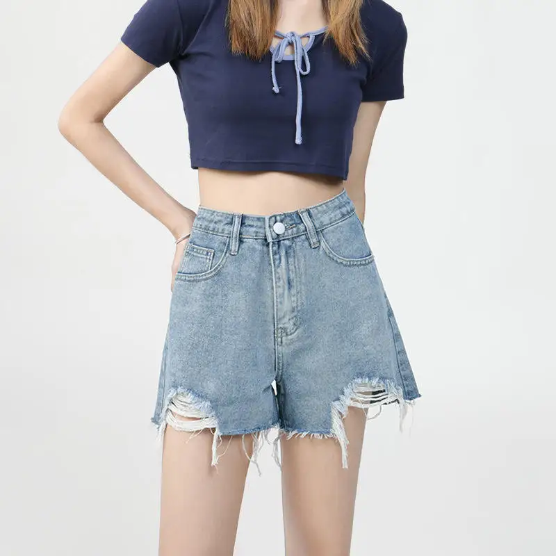 High Waist Destroyed Hem Denim Shorts Women's Summer Thin Small Size A-Line Wide Leg Hot Pants Trendy INS Straight Leg Jeans