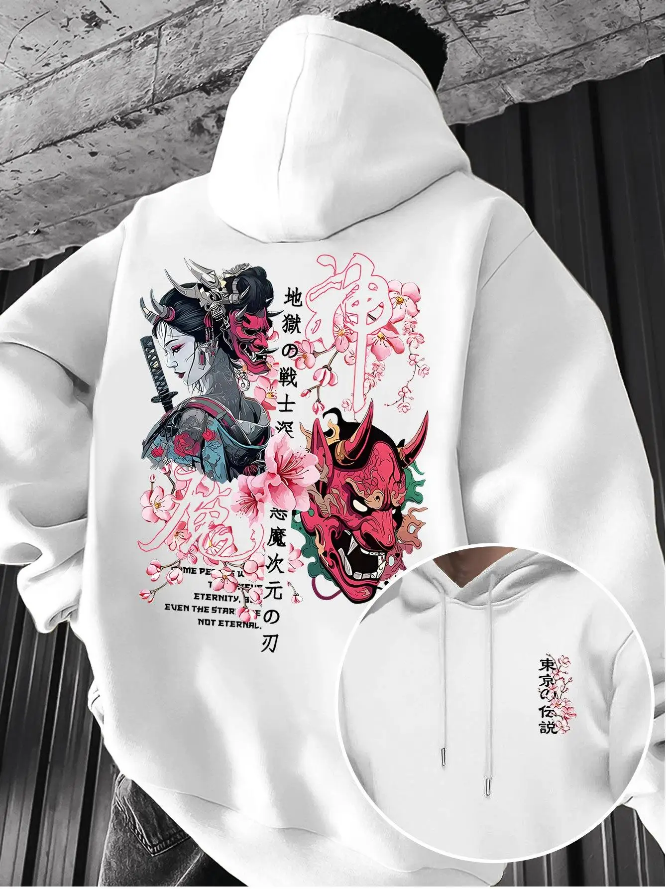 Japanese anime character sword pattern printed men's cool dark gothic mysterious fashionable trendy simple hooded sweatshirt.
