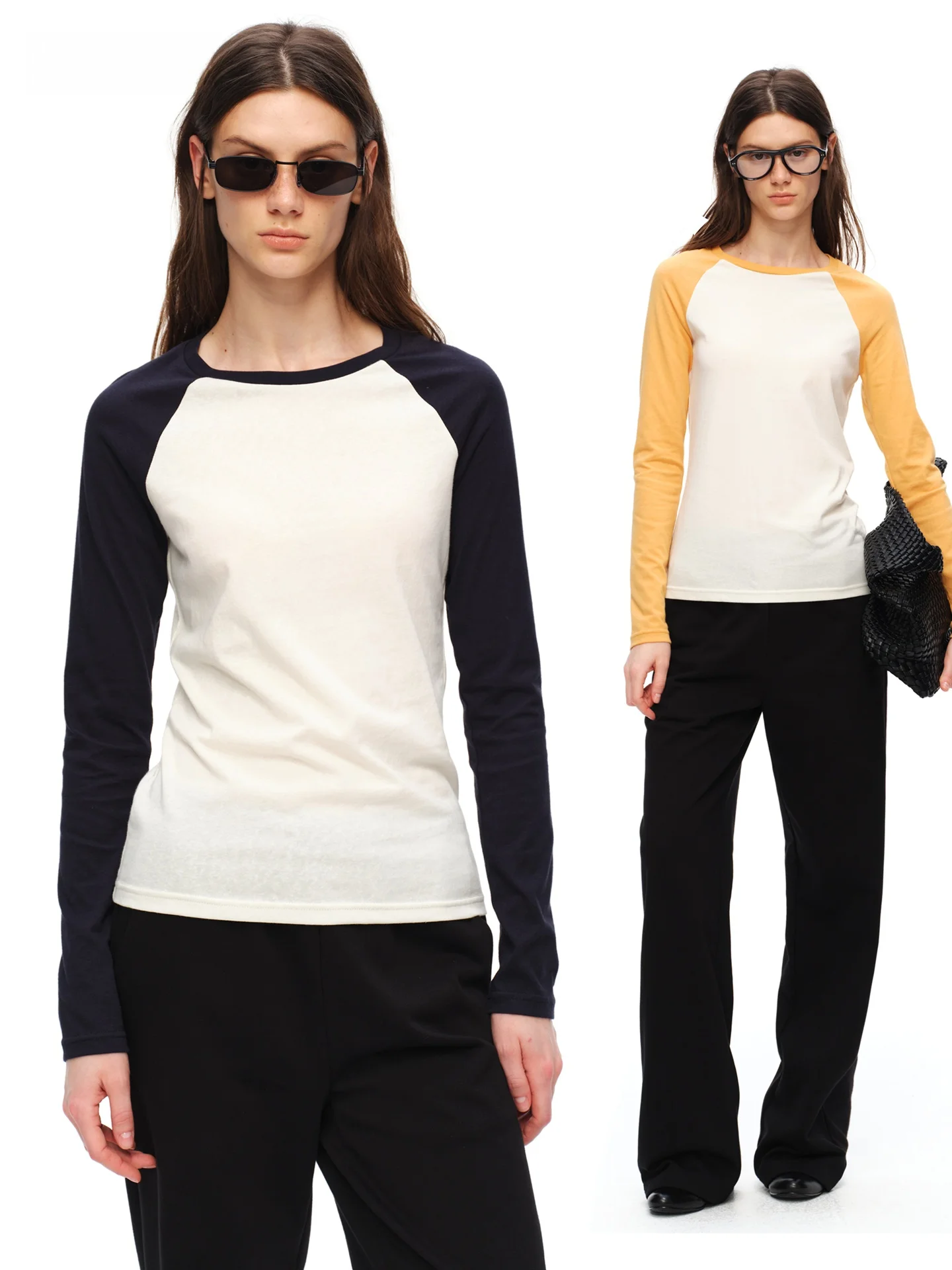

AEOOY Color Block Long Sleeve T-Shirt Women's Slim Fit Casual round Neck Top Polyester Cotton Blend Spring City Walk