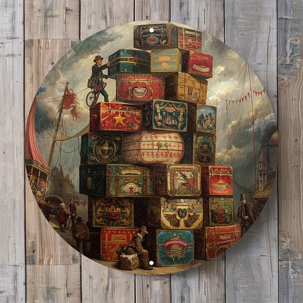2D Flat - 1pc Whimsical Circus Baggage Carriers Round Metal Wall Art, 20x20cm Iron Sign, Durable 2D Flat Print, Vintage Travel-T