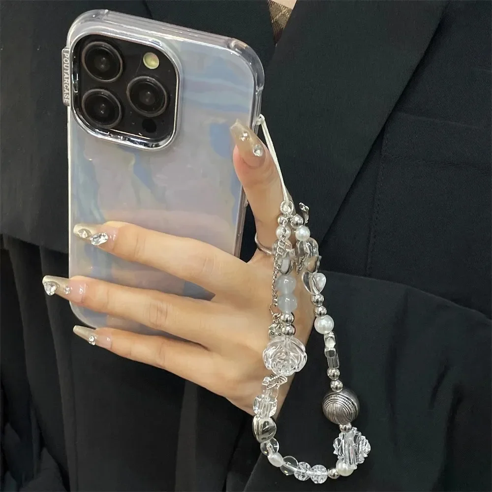 Korean Cute Flower Heart Bow Beaded Phone Chain Charm Lanyard For iPhone Xiaomi Samsung Universal Accessories Jewelry Pendant