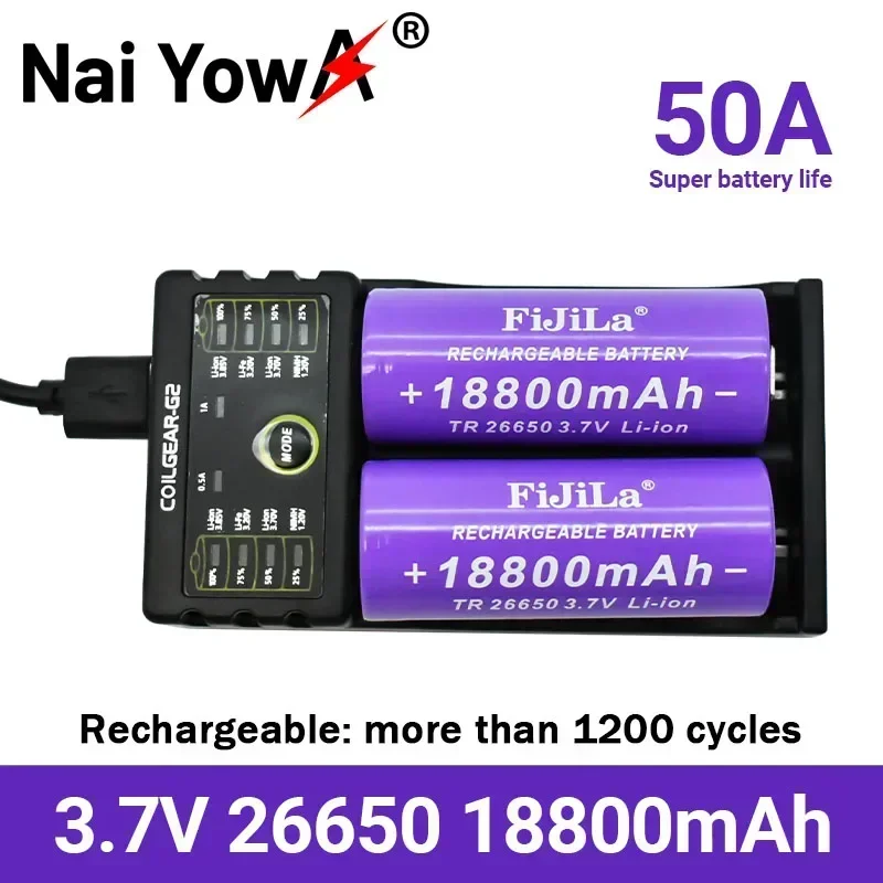 New 3.7V 26650 Battery 18800mAh Li-ion Rechargeable Battery for LED Flashlight Torch Li-ion Battery Accumulator Battery+Charger