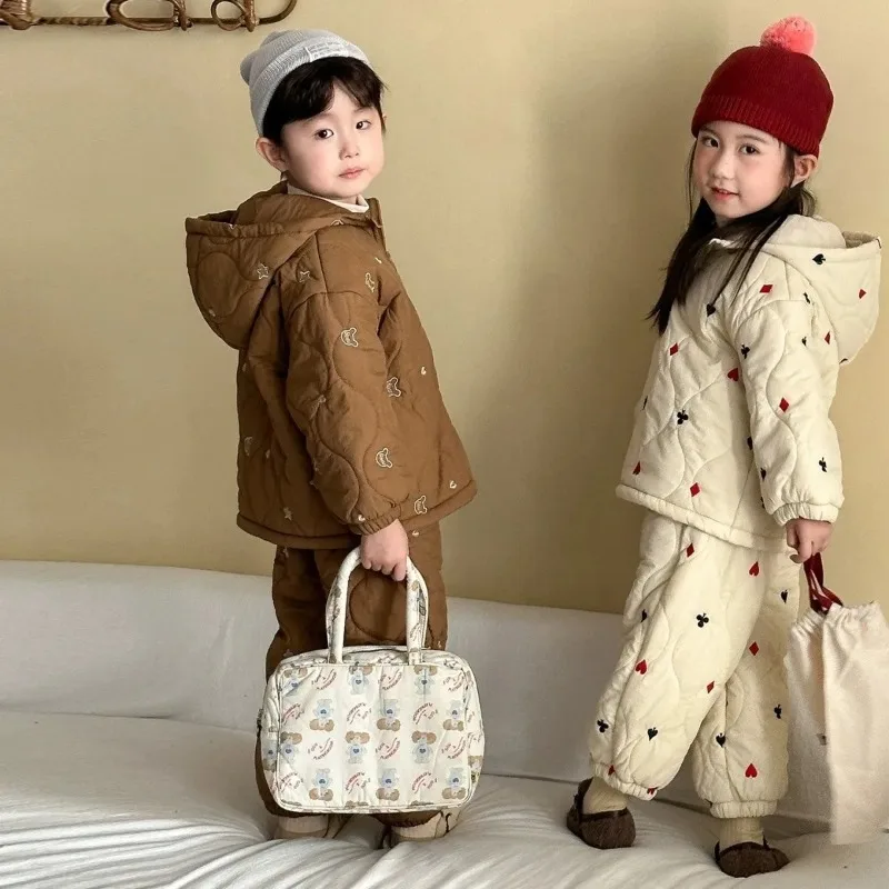 مجموعة ملابس الأطفال 2025 الخريف الشتاء الفتيان والفتيات هوديس السراويل 2 قطعة دعوى 1-10 سنوات الاطفال المخملية ملابس خارجية دافئة #3