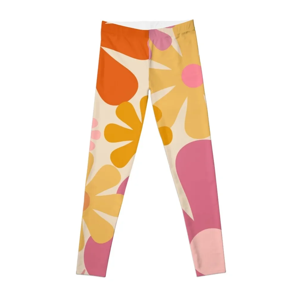 Retro 60s 70s Flowers - Vintage Style Floral Pattern in Thulian Pink, Orange, Mustard, and Cream Leggings