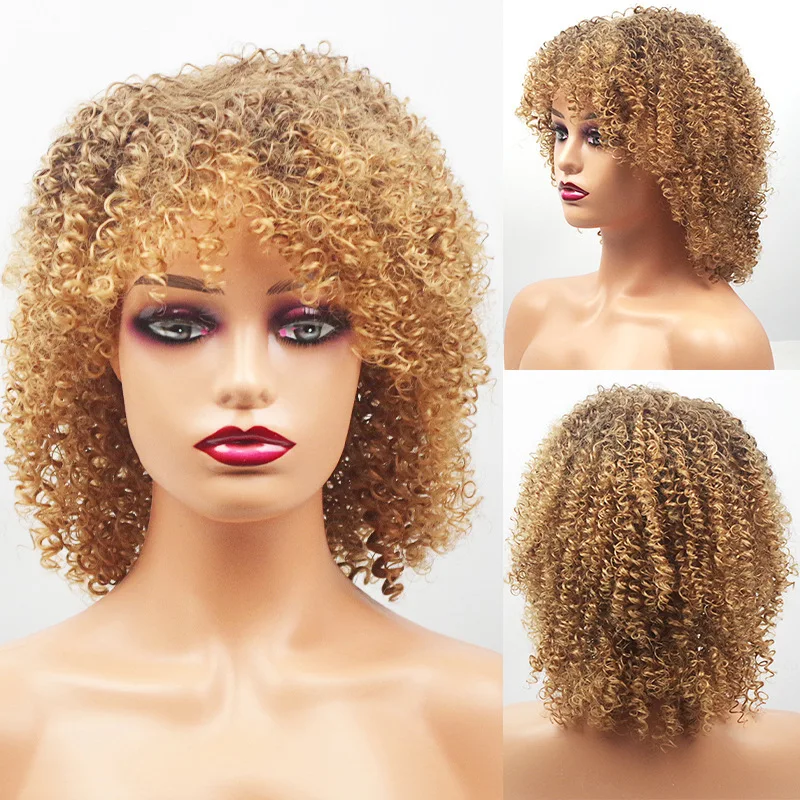 

European and American Style Women's Wig Gradient Color African Short Curly Hair Small Curls Fluffy Style Synthetic Fiber High Te