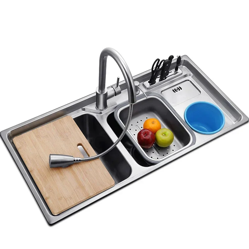 

multifunctional kitchen sink Stainless steel brushed double bowl Drawing drainer hot and cold water faucet sink