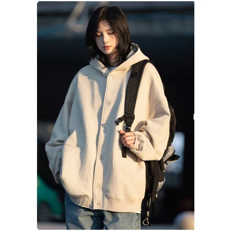 Unisex Oversized Hoodies Waffle Solid Women Sweatshirt Vintage Cotton Men Cardigan Coat Hooded Loose Trend Sweatshirt B0053