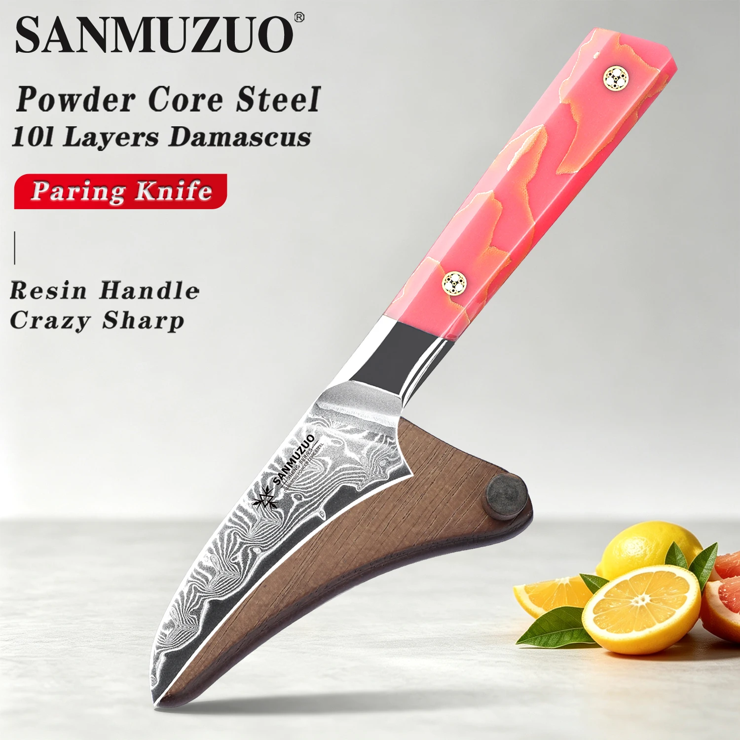 SANMUZUO 3.5 Inch Paring Knife - SHENG Series Forged Powder Damascus Steel with Comfort Resin Handle - Professional Fruit Vegetable Peeling Kitchen Knife