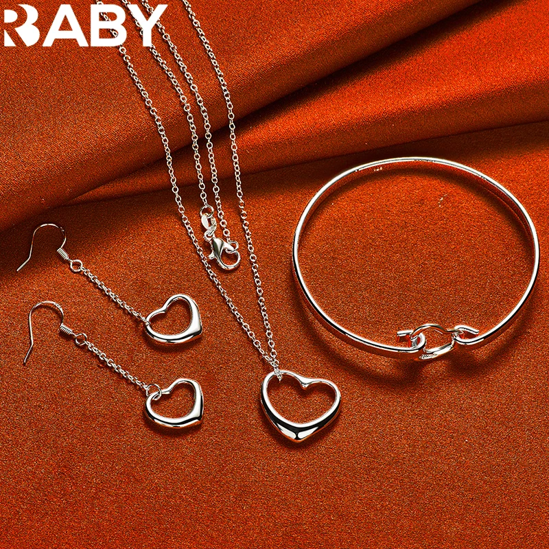 

925 Sterling Silver Heart Earrings Bangle Bracelet Necklace For Women Jewelry Set Wedding Party Fashion Sweet Charms Accessories