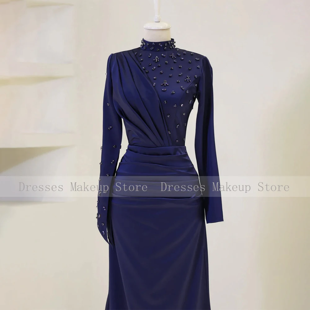 Luxury Wedding Party Dresses Navy Blue Satin High Collar Modest Formal Gowns Crystal Long Sleeves Mermaid Women's Evening Dress image 3