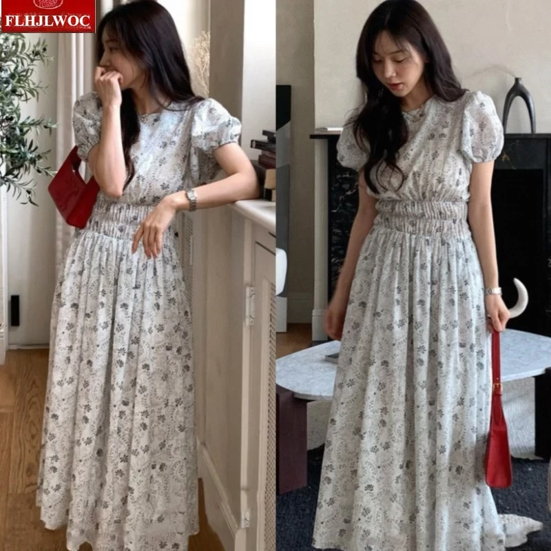 

Puff Sleeve Chic Korea Long Dresses New Woman 2026 Summer Short Sleeve Slim Waist A Line Floral Print Long Holiday Retro Dress