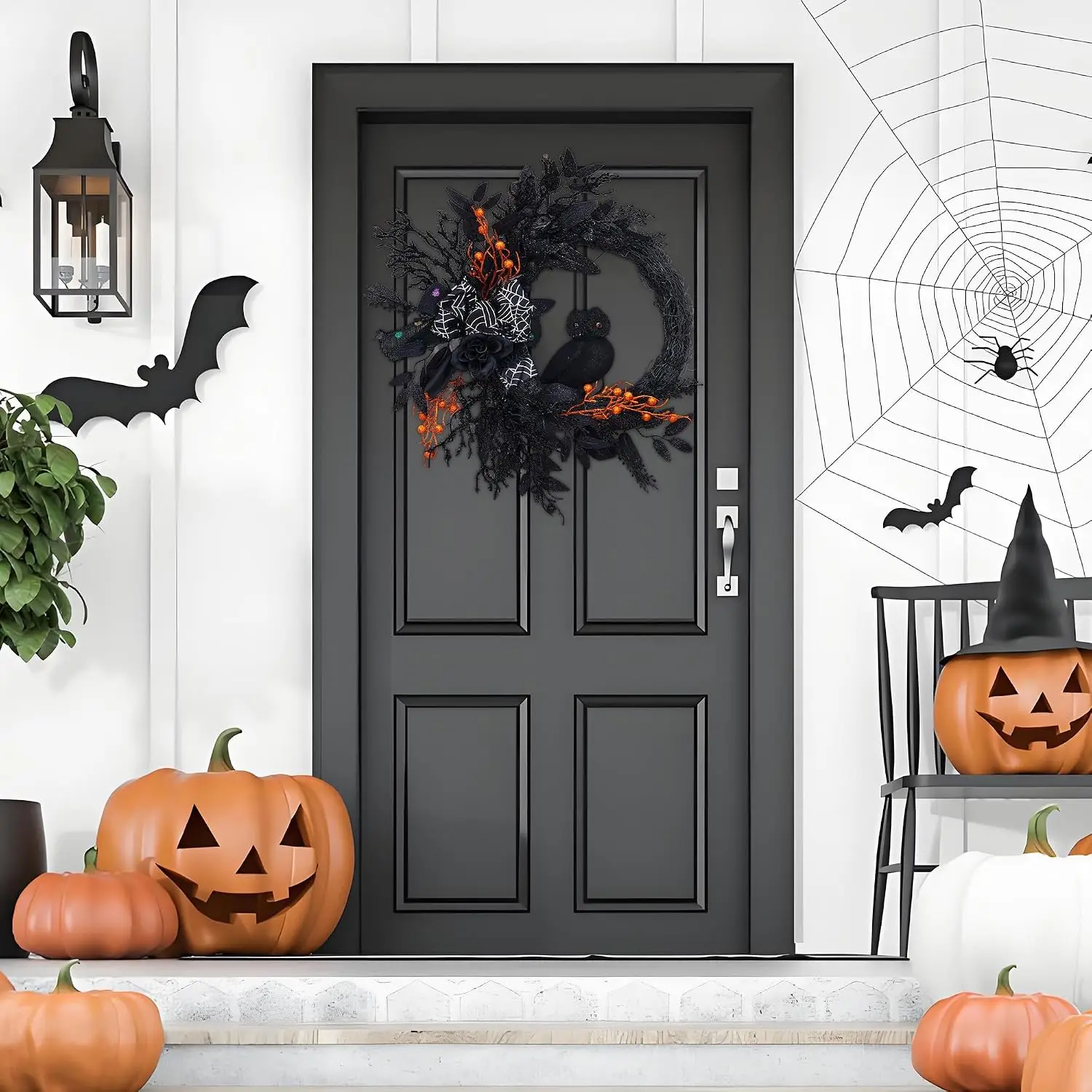 Garvee 20 Inch Spooky Black Owl Halloween Wreath with Natural Vines & Artificial Roses Artificial Wreath Ghost Garland Front Door Window Hanging Fall Harvest Party Porch Wall Decoration