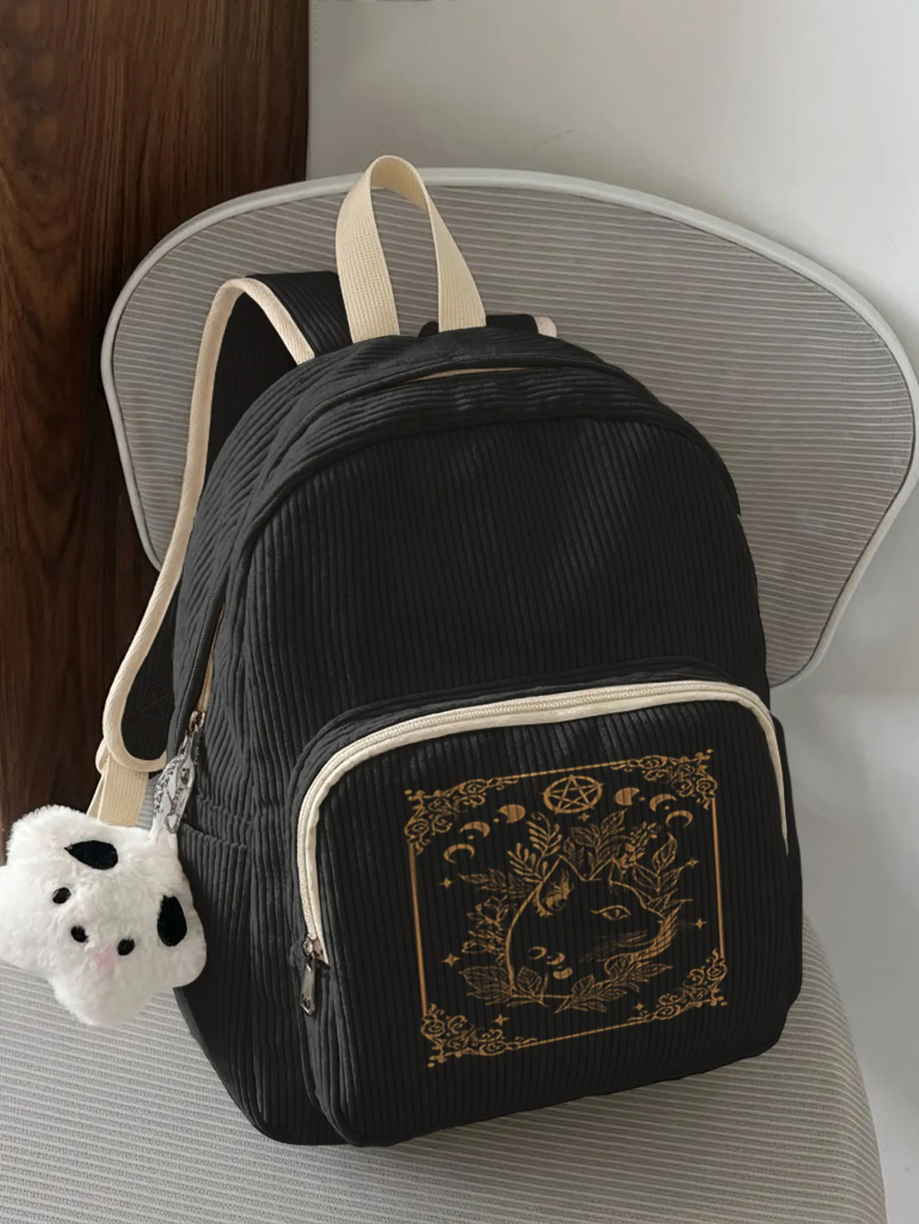 Mystical Witch Cat & Moon Phase Print Women Fashion Backpack Corduroy Multi-pocket Large Capacity Commuter Bag