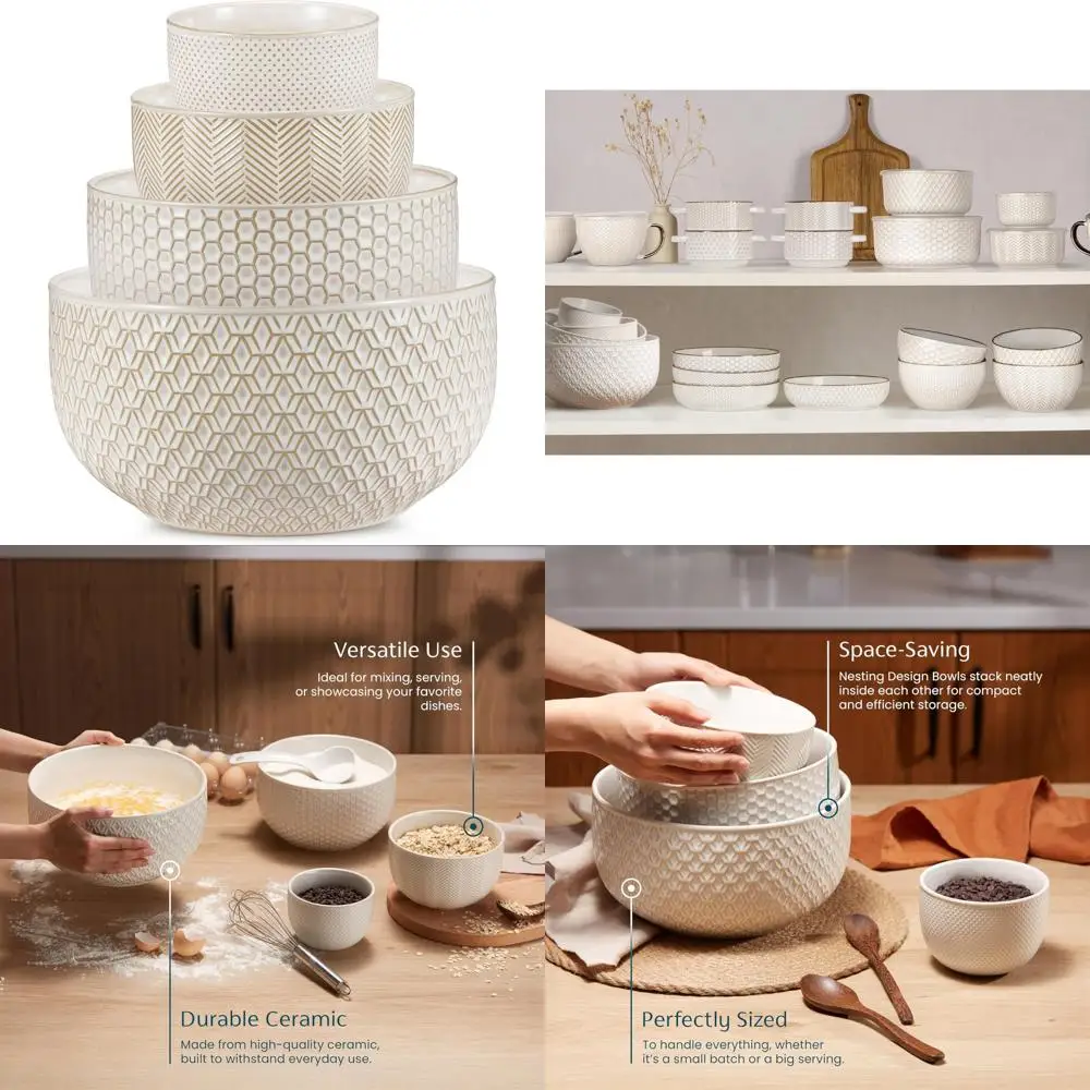 

ceramic mixing bowls, nesting set of 4, embossed kitchen dishware, prep, serving, gift, microwave and dishwasher safe, 20/44/98