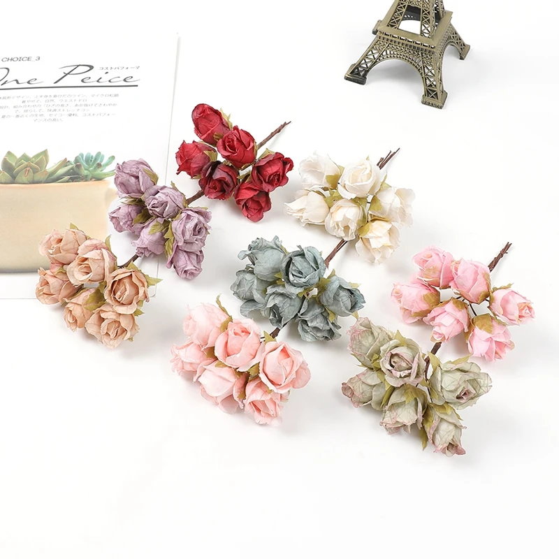 

6PCs/Lot Artificial Flowers Bouquet For Home Room Decor Mini Rose Flower Garden Indoor Wedding Decoration DIY Wreath Accessories