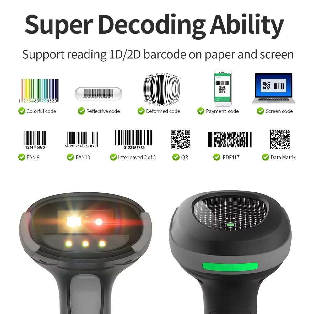 Bluetooth Wireless 1D/2D Barcode Scanner with Charging Base, CMOS Screen QR Code Reader for Retail & Logistics