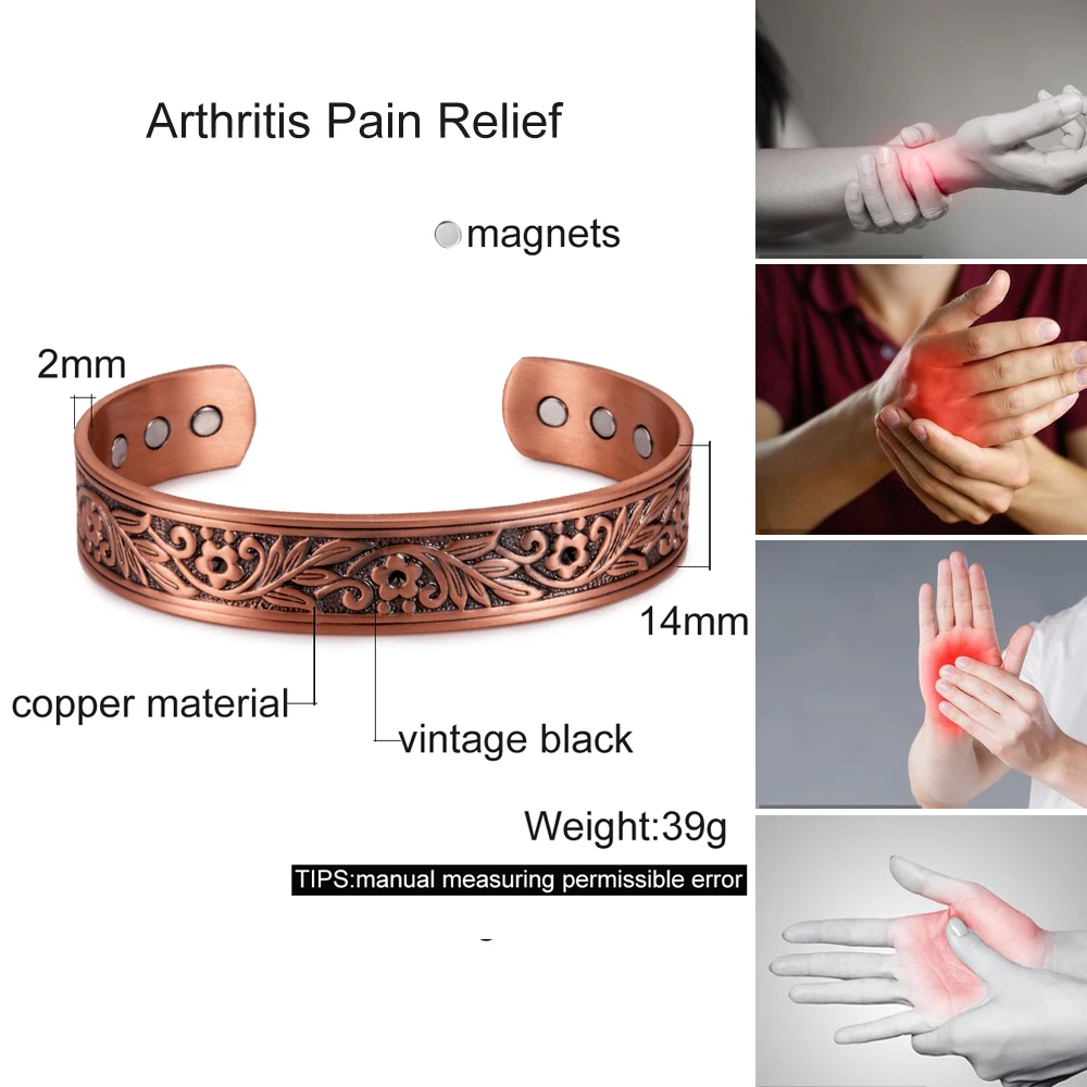 Vinterly Magnetic Copper Bracelets Men 14mm Wide Health Energy High Magnet Vintage Flower Adjustable Cuff Bangles Resizable