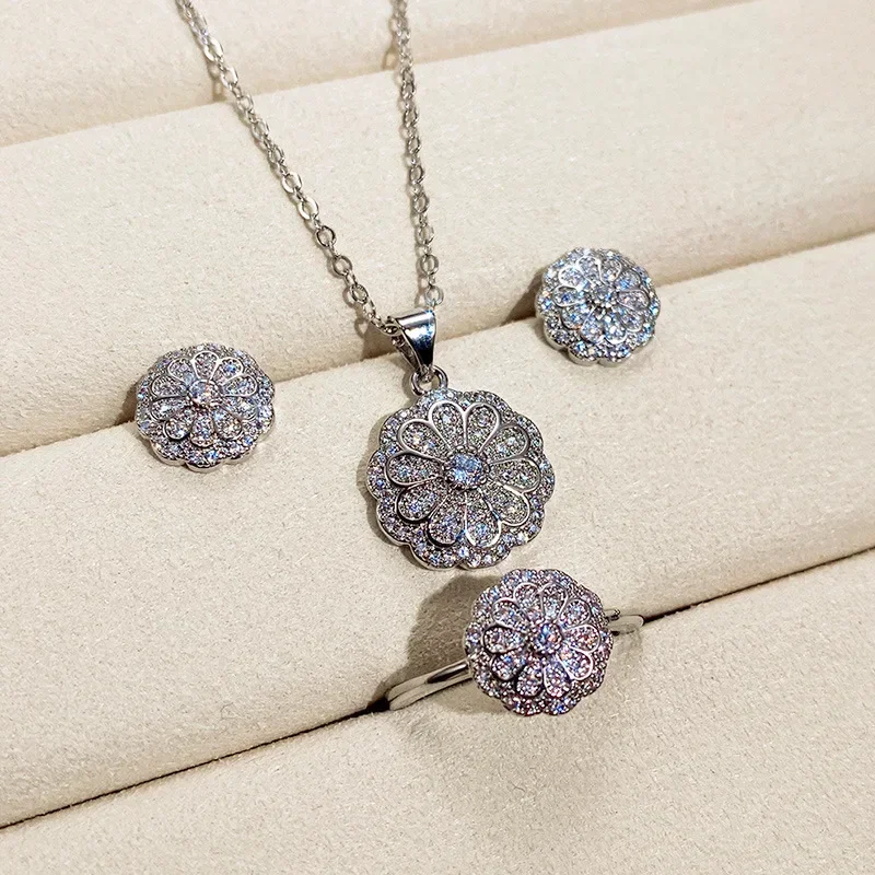 New Fashion Wedding Bridal Accessories Micro-set Crystal Zircon Jewelry Three-piece Full Diamond Starry Necklace  Set