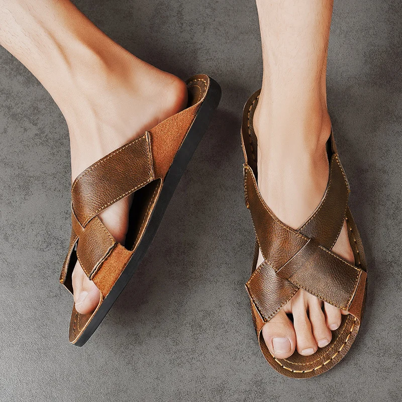 Genuine Leather Men Slippers Fashion Beach Shoes Summer Anti-slip Sandals High Quality Male Casual Shoes Comfortable Flip Flops