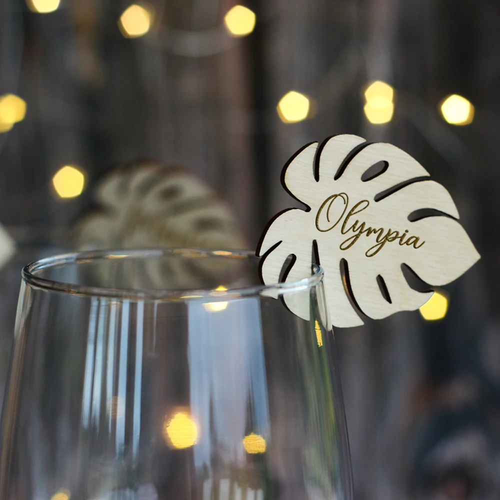 Personalized Ten Pieces Leaf Name Place Cards, Beverage Labels, Wooden Place Cards, Tropical Wedding Table and Chair Decorations