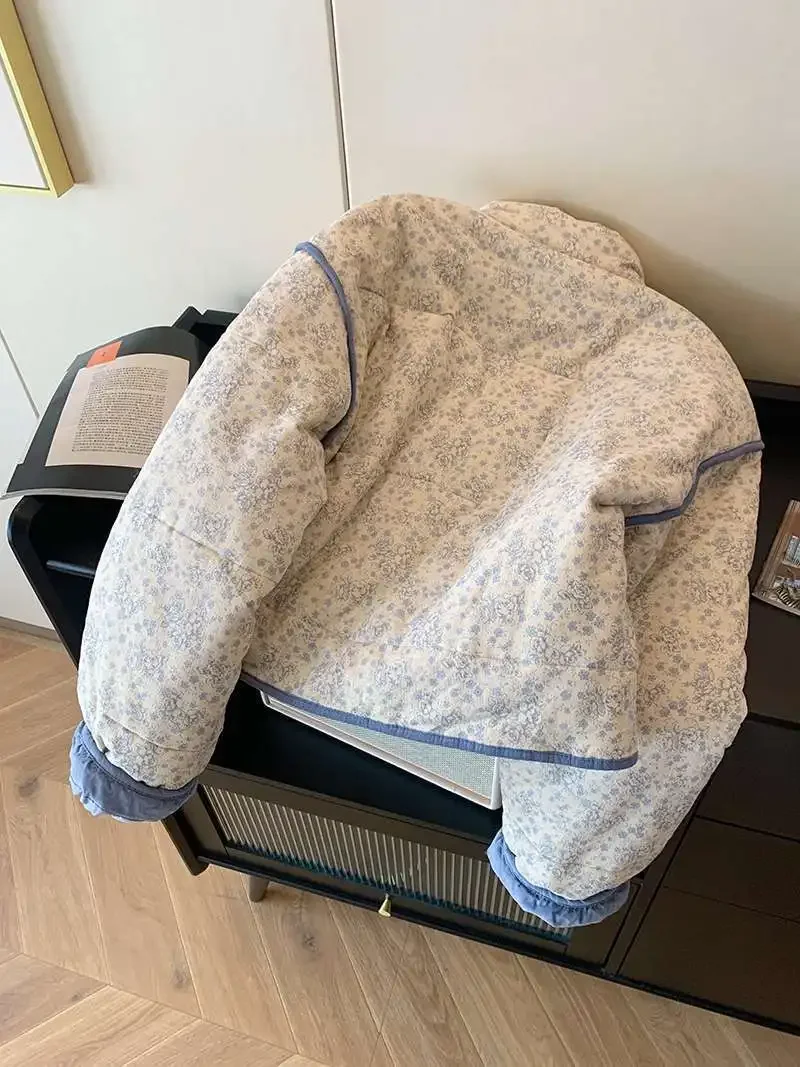 Zimní prošívaná bunda pro ženy, květinový manšestr, volný bavlněný prošívaný kabát, tlustá ležérní prošívaná bunda, svrchní oblečení pro ženy - náhled 6