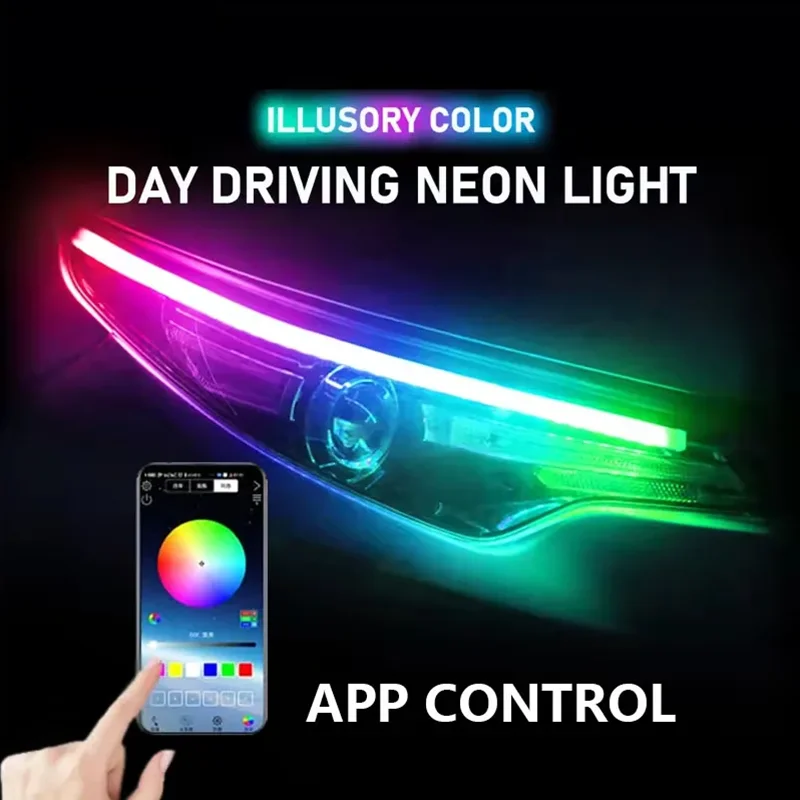 

12 В 2 шт. Автомобильные светодиодные дневные ходовые огни Symphony DRL APP Control Гибкая RGB плавная полоса указателя поворота Декоративная фара L