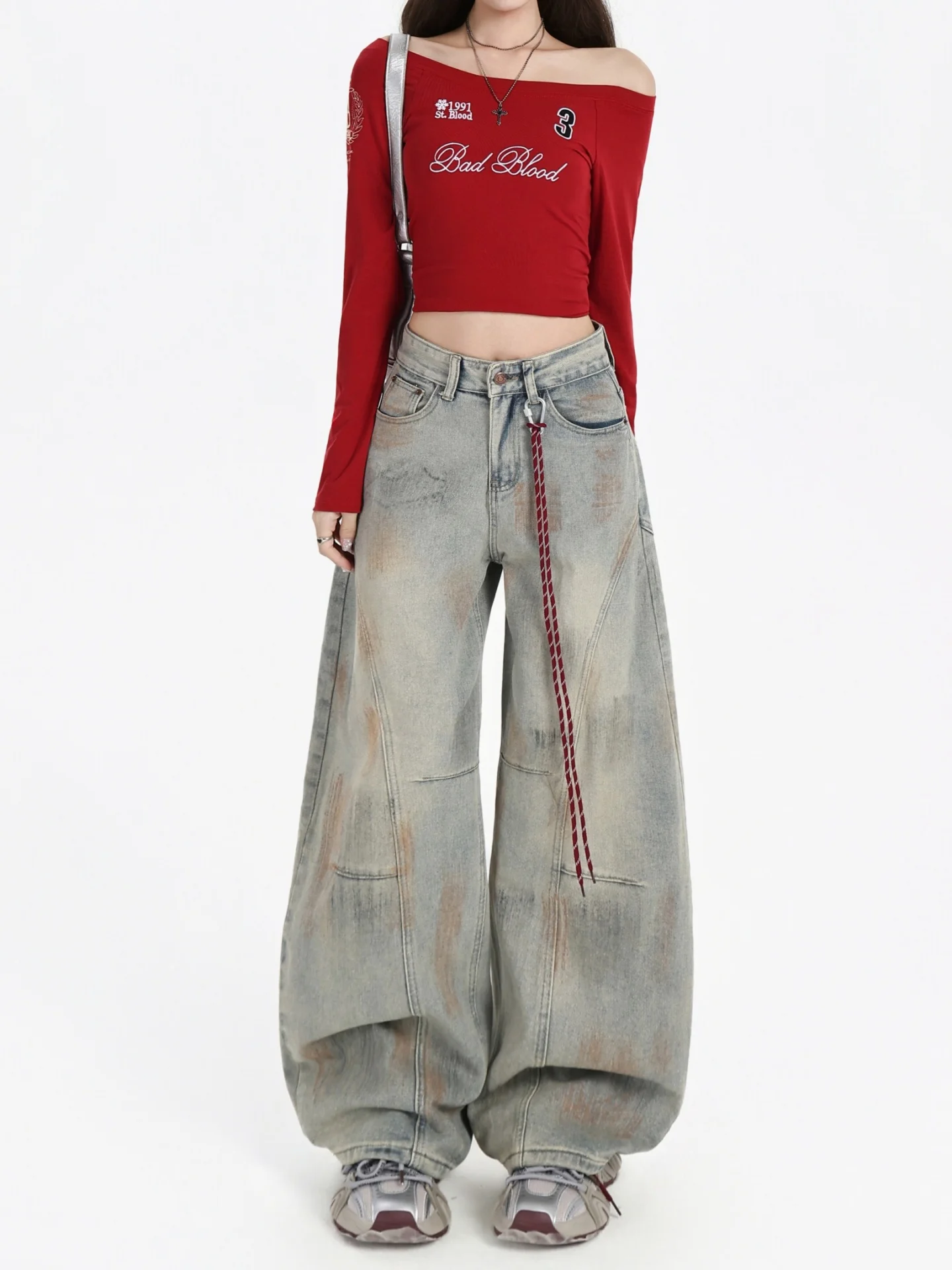 

Большие размеры Американские джинсовые джинсы в стиле ретро Женские осенние грушевидные джинсы для похудения Fat Mm Свободные прямые брюки Широкая длина в пол...