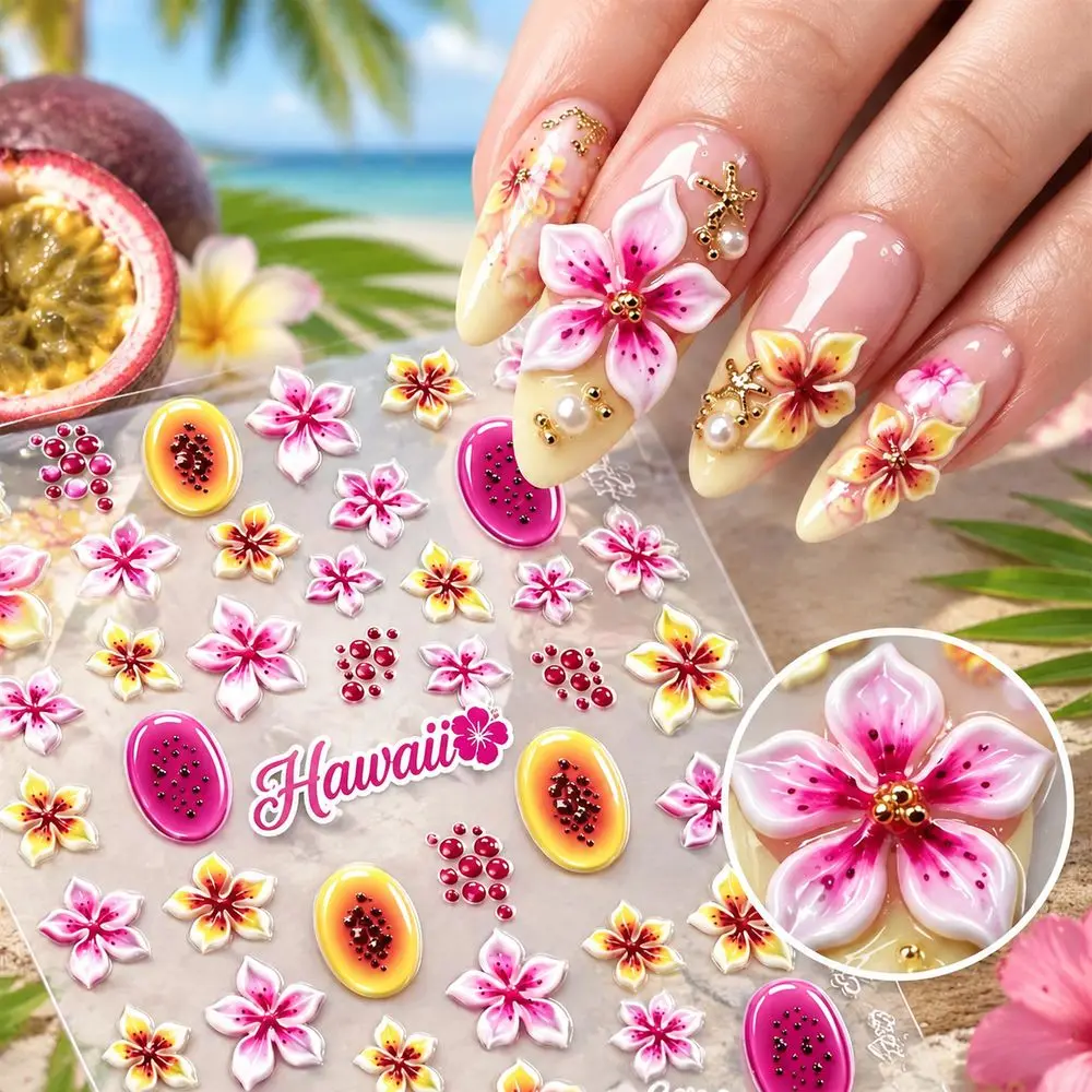 1Pc Fruit Flower Nail Art Decals 5D Embossed Self Adhesive Stickers Sliders for Summer Manicure Acrylic UV Gel Nails Decor