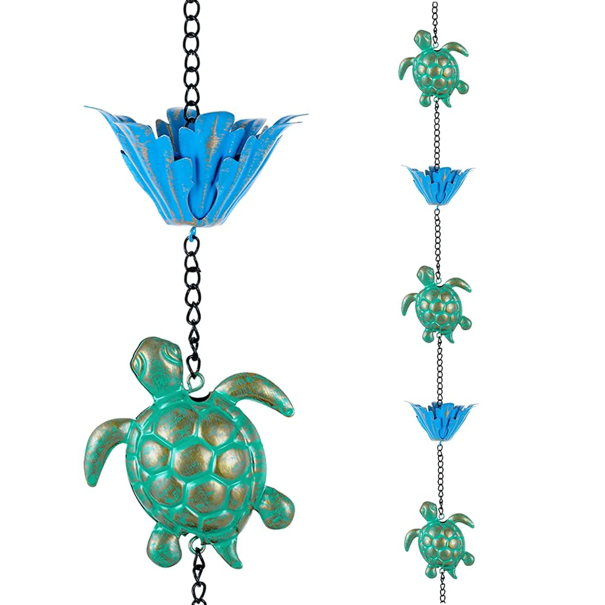 10 ft Adjustable 16 Turtle Lotus Cup Metal Rain Chain, Decorative Downspout Replacement for Outdoor Gutter Eaves Drainage