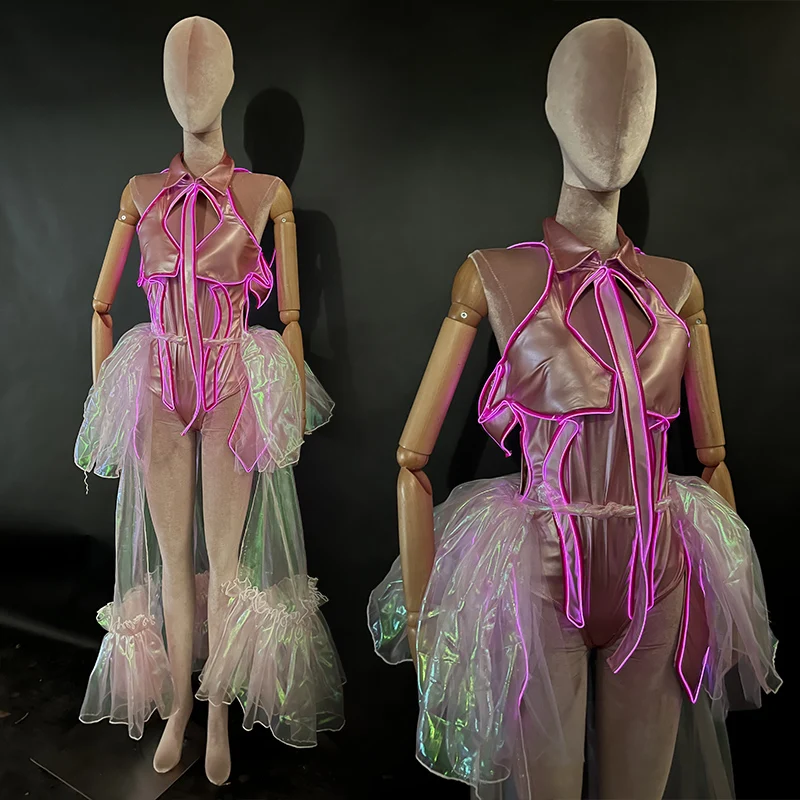 New Gogo Dancer Costume Pink Bodysuit Transparent Hemline Singer Performance Wear Party Rave Outfit Drag Queen Clothes VDB6882