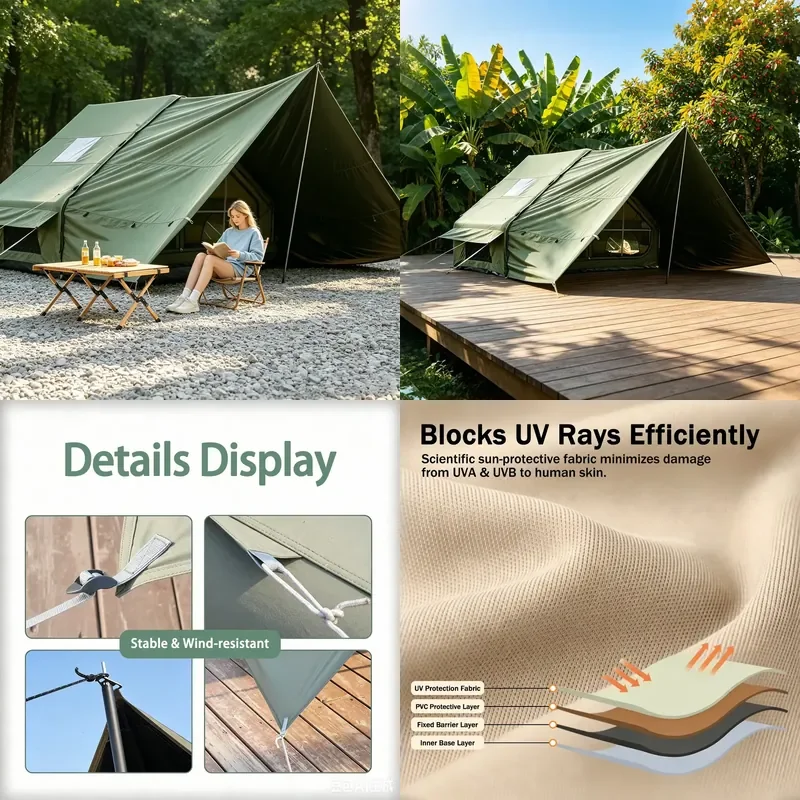 2026 Hot 6+6㎡ TC Cotton Inflatable Tent, Breathable 210g Polyester-Cotton Glamping Tent with Large Awning, 4-6 Person