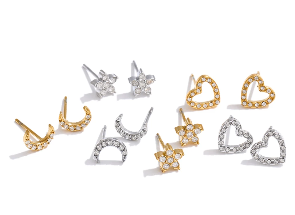 Yhpup Ohrstecker-Set aus Edelstahl mit Zirkonia, Sternen, Mond und Herz, exquisit, schick, für den täglichen Gebrauch, wasserfest, Schmuck, Geschenk – Detail 2