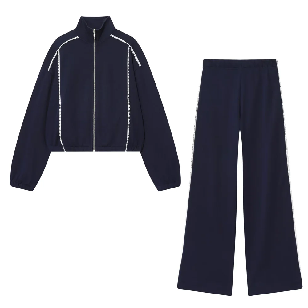 Femmes automne col montant dentelle patchwork fermeture éclair veste décontractée sweat taille élastique dentelle patchwork pantalon