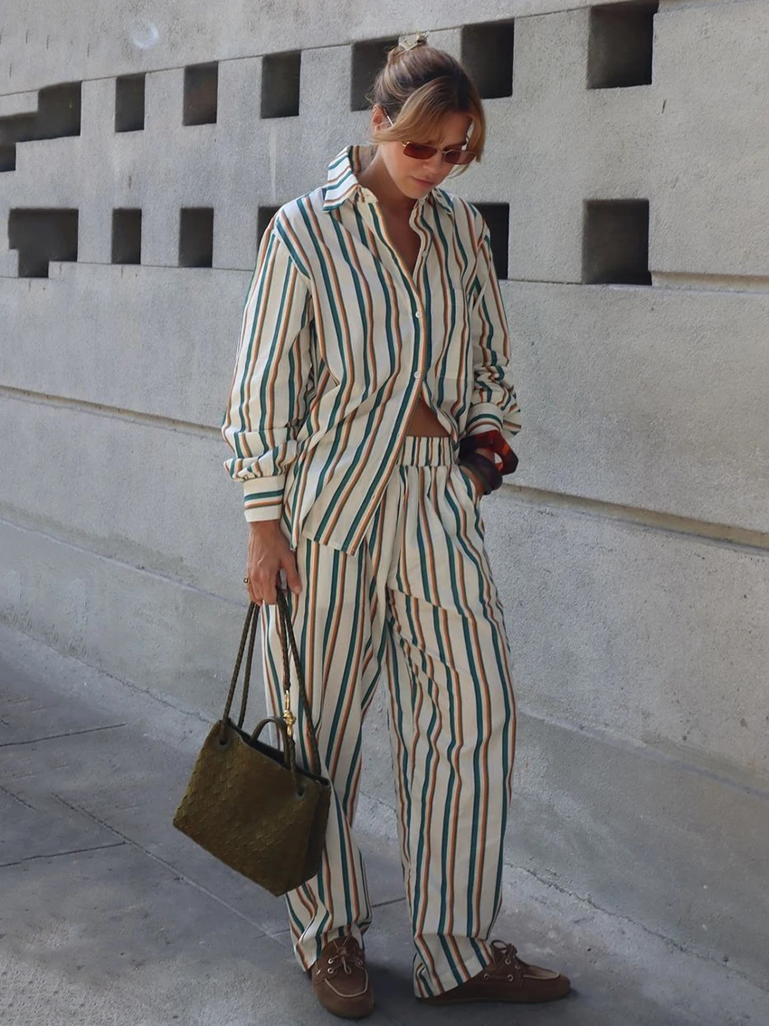 Marthaqiqi Striped Loose Women'S Nightwear Set Long Sleeve Nightgowns Turn-Down Collar Pajama Pants Casual Ladies Sleepwear Suit