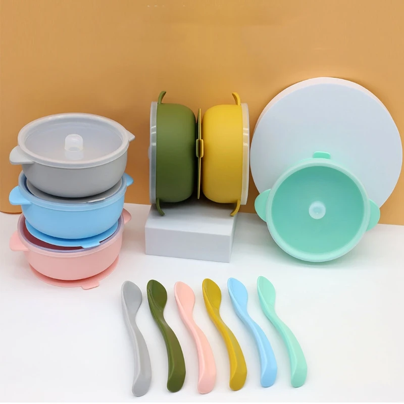 2 Pcs BPA Free Silicone Waterproof Baby Suction Bowl with Lid Training Spoon Set Non-Slip Learning Feeding Food Dish Plate Kids