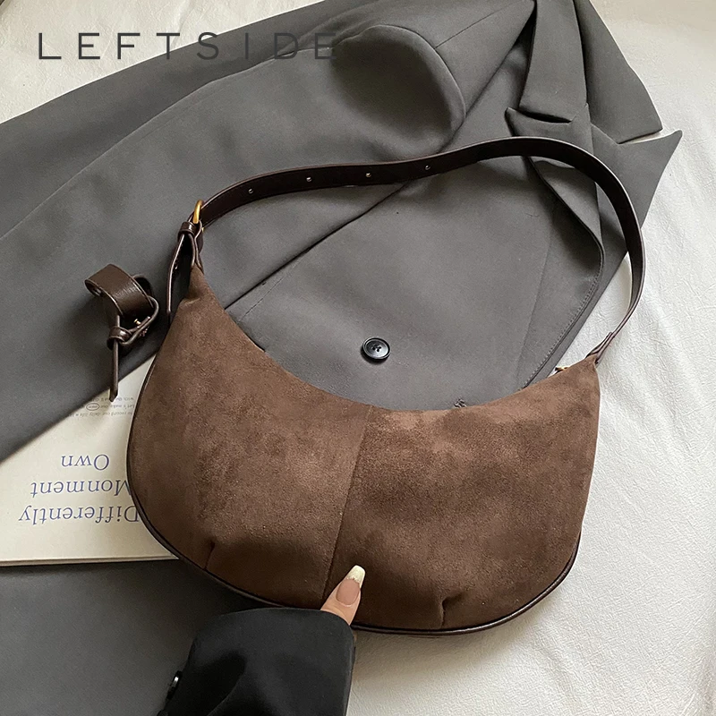 

LEFTSIDE Retro PU suede Saddle Bag 2025 Trendy Shoulder Bag Luxury Fashion Crossbody Bag Females Luxury Handbags and Purses