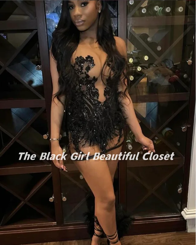 Luxury Black Homecoming Dress 2024 Beaded Sequins Feather Decoration Graduation Gowns Applique Sexy African Girls Dresses