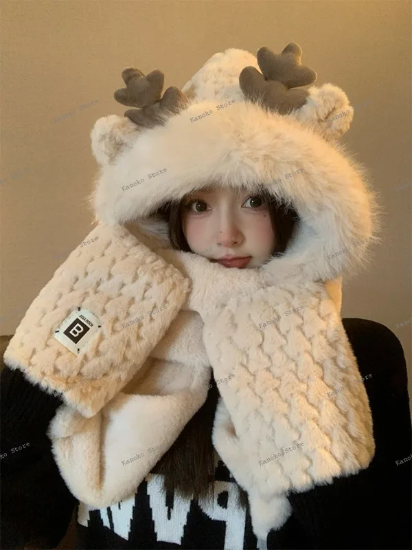 

Рождественская шапка с рогами, женский осенне-зимний милый плюшевый шарф, перчатки, интегрированный теплый шарф с капюшоном, комплект из трех предметов