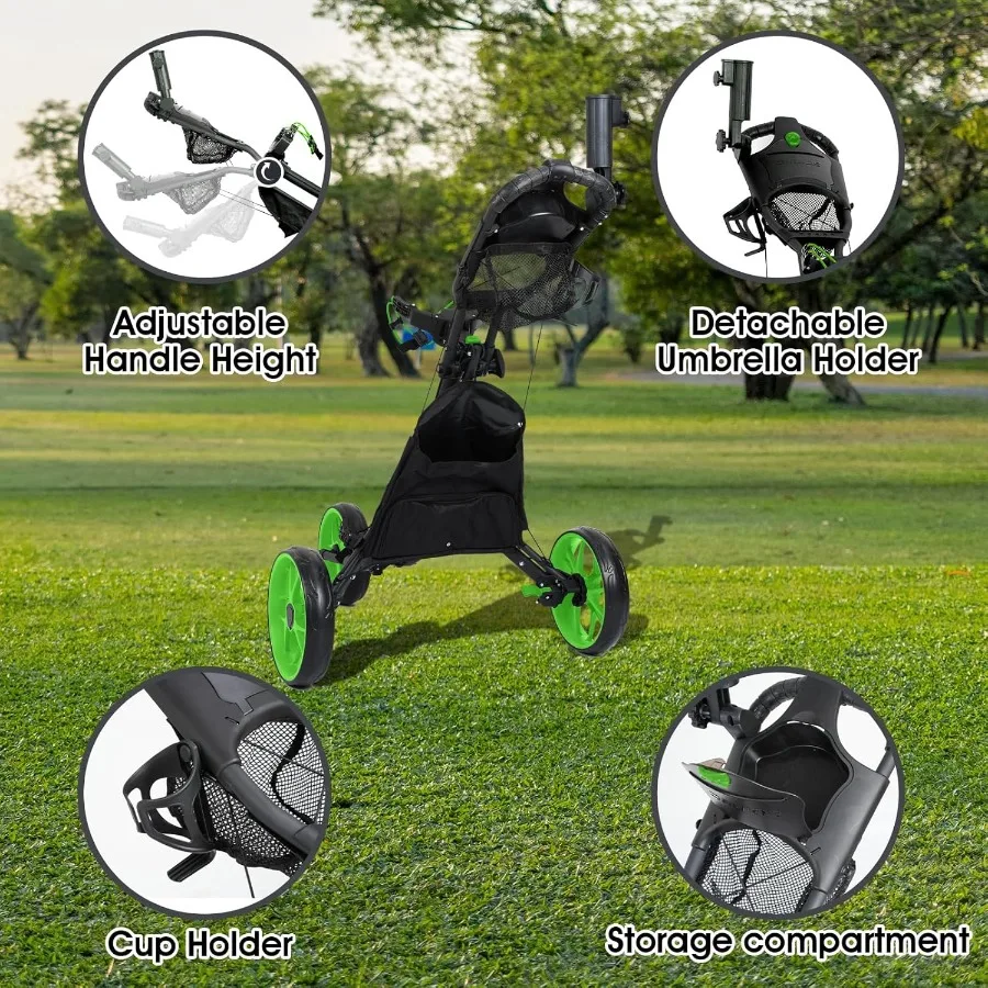 عربة دفع الجولف ذات 3 عجلات: عربة مشي جولف خفيفة الوزن وصغيرة الحجم مع عربة جولف مسطحة قابلة للطي مع سحب خلف الفرامل