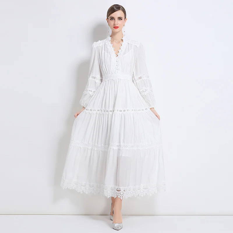 Wysokiej jakości letnia jesienna sukienka maxi z długim rękawem, haftowana koszula damska, elegancka sukienka biurowa z wycięciami, modne i eleganckie vestidos.