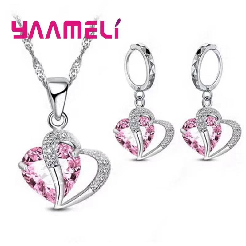 Gift Jewelry Set for Women 925 Sterling Silver Color Cubic Zircon Inlay Heart Pendant Necklace Earrings Wedding Accessory