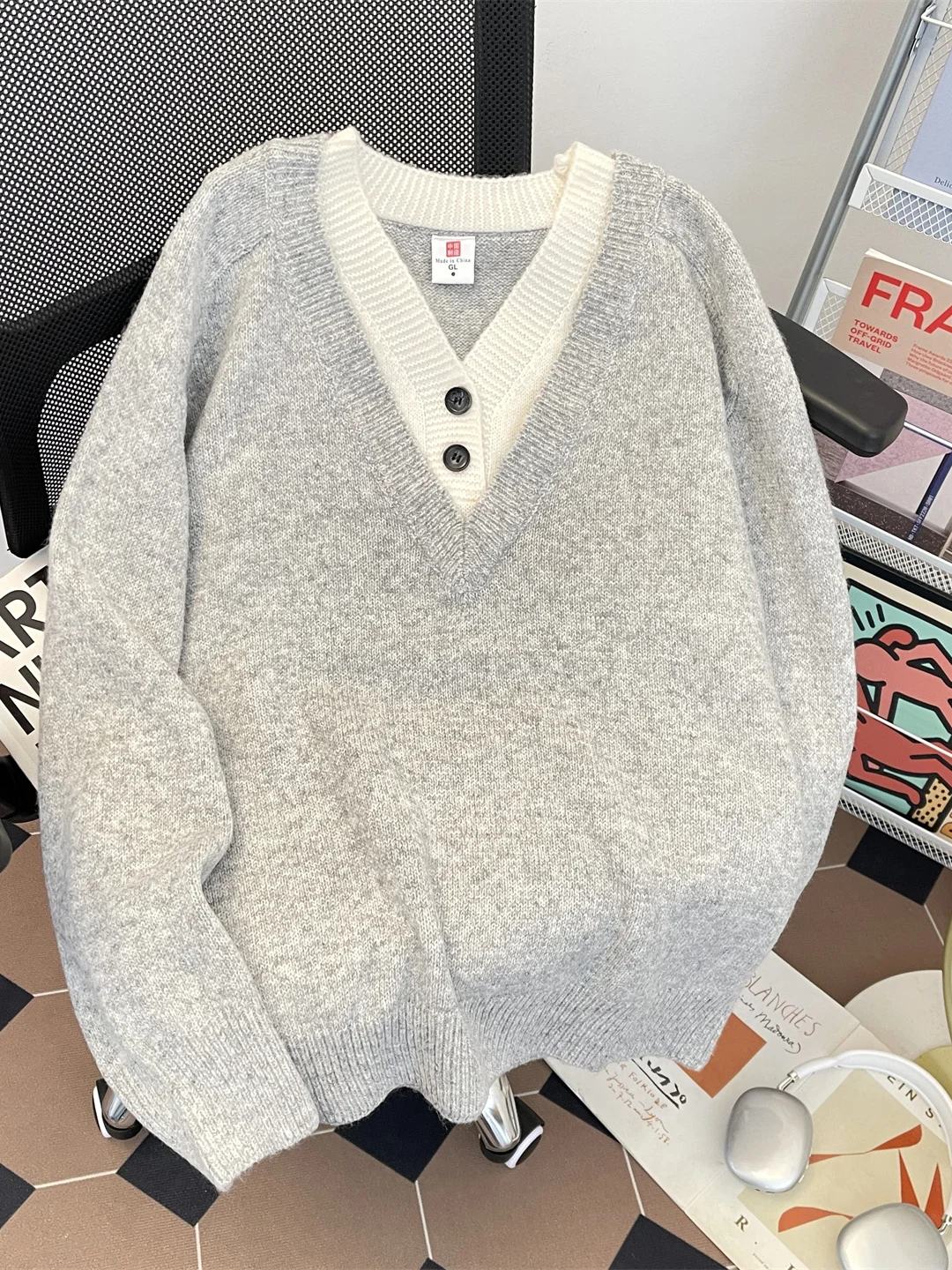 

Модный мужской свитер с V-образным вырезом и цветными блоками, осенне-зимний, в американском ретро-стиле, с длинными рукавами, свободного кроя, повседневный