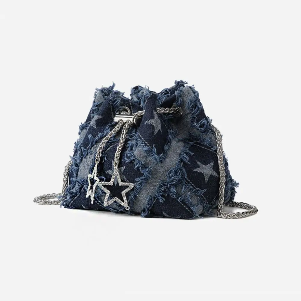 

Casual Tassel Star Denim Bucket Bag Drawstring Rhinestone Metal Chain Crossbody Bag Handbag Small Purse Cloth Shoulder Bag Women